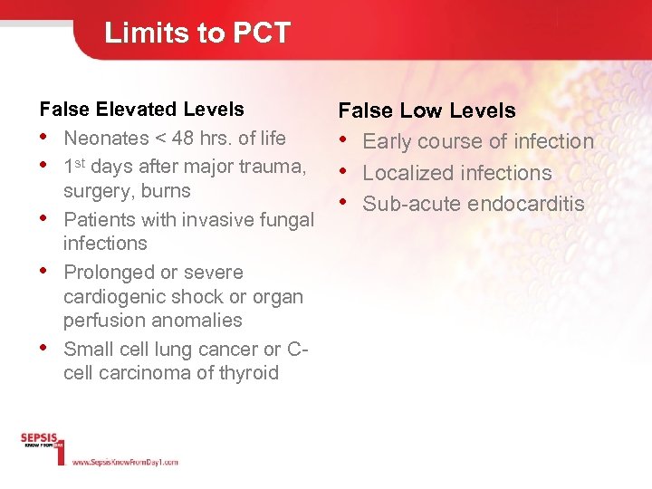 Limits to PCT False Elevated Levels False Low Levels • Neonates < 48 hrs.