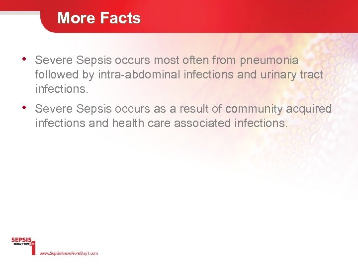 More Facts • Severe Sepsis occurs most often from pneumonia followed by intra-abdominal infections