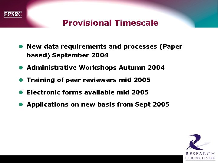 Provisional Timescale l New data requirements and processes (Paper based) September 2004 l Administrative