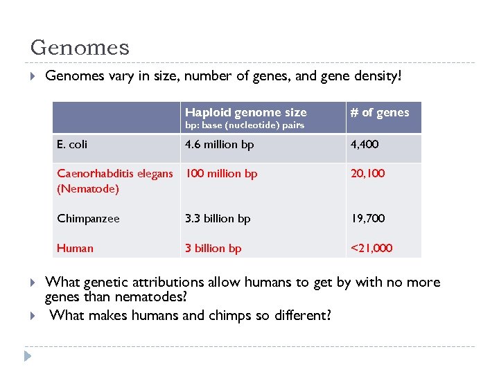 Genomes vary in size, number of genes, and gene density! Haploid genome size #