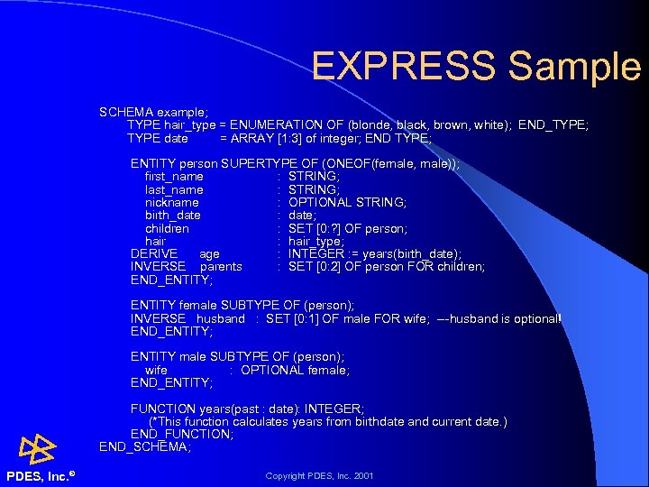 EXPRESS Sample SCHEMA example; TYPE hair_type = ENUMERATION OF (blonde, black, brown, white); END_TYPE;