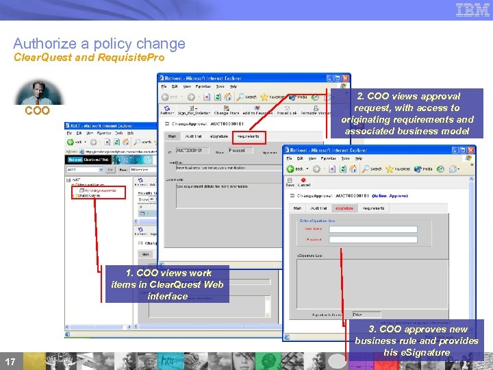 Authorize a policy change Clear. Quest and Requisite. Pro 2. COO views approval request,