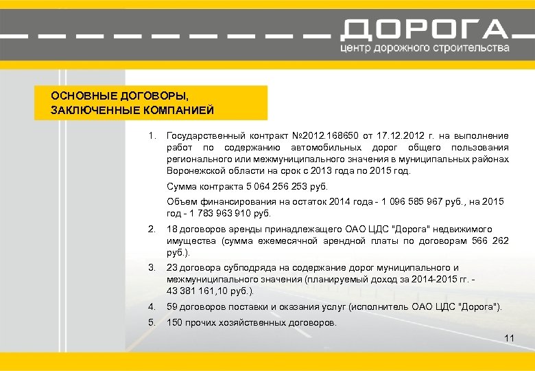 ОСНОВНЫЕ ДОГОВОРЫ, ЗАКЛЮЧЕННЫЕ КОМПАНИЕЙ 1. Государственный контракт № 2012. 168650 от 17. 12. 2012