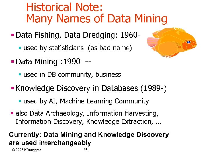 Historical Note: Many Names of Data Mining § Data Fishing, Data Dredging: 1960§ used