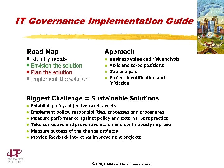 IT Governance Implementation Guide Road Map • Identify needs • Envision the solution •