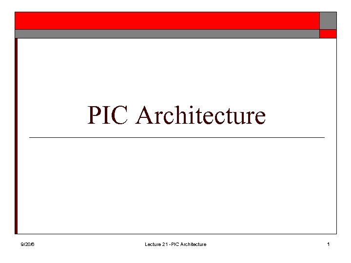PIC Architecture 9/20/6 Lecture 21 -PIC Architecture 1 