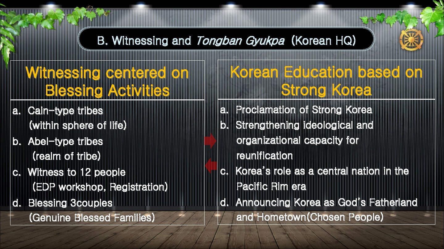 B. Witnessing and Tongban Gyukpa (Korean HQ) Witnessing centered on Blessing Activities a. Cain-type