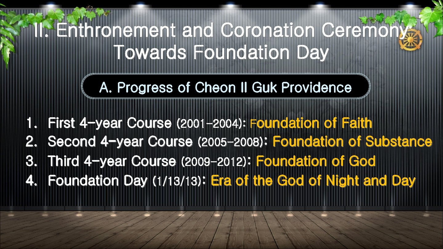 II. Enthronement and Coronation Ceremony Towards Foundation Day A. Progress of Cheon Il Guk