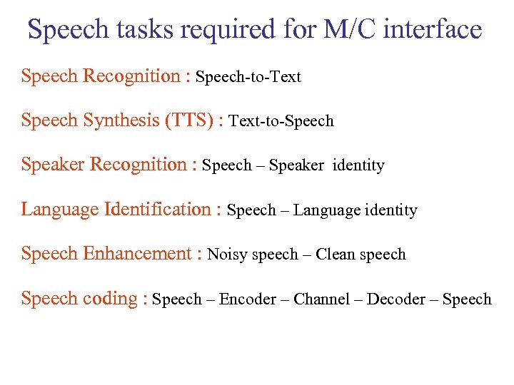 Speech tasks required for M/C interface Speech Recognition : Speech-to-Text Speech Synthesis (TTS) :