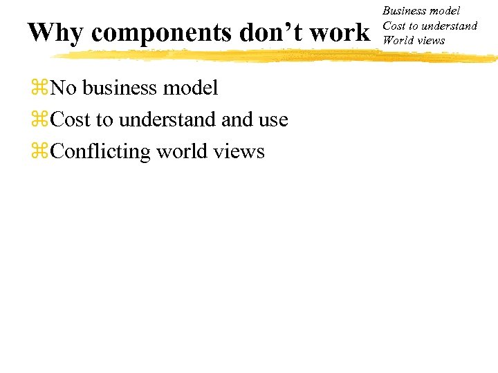 Why components don’t work z. No business model z. Cost to understand use z.