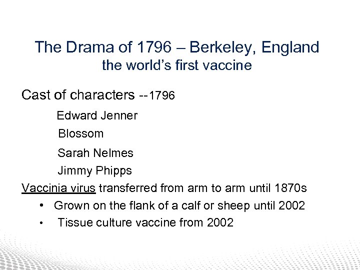 The Drama of 1796 – Berkeley, England the world’s first vaccine Cast of characters