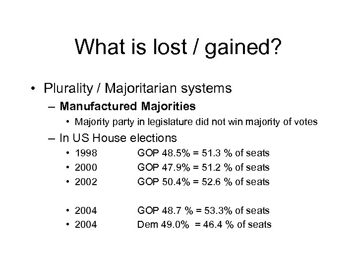 What is lost / gained? • Plurality / Majoritarian systems – Manufactured Majorities •