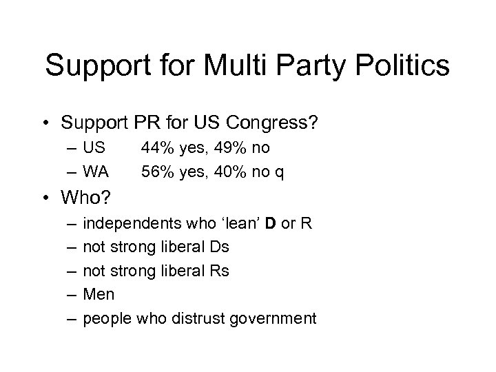 Support for Multi Party Politics • Support PR for US Congress? – US –