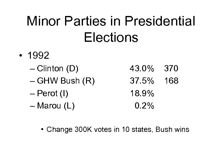 Minor Parties in Presidential Elections • 1992 – Clinton (D) – GHW Bush (R)