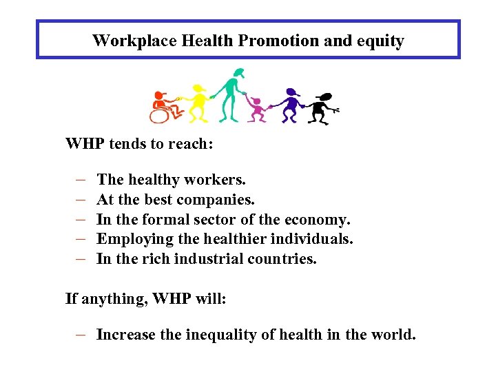 Workplace Health Promotion and equity WHP tends to reach: – – – The healthy