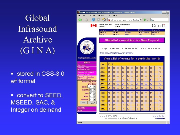 Global Infrasound Archive (G I N A) § stored in CSS-3. 0 wf format