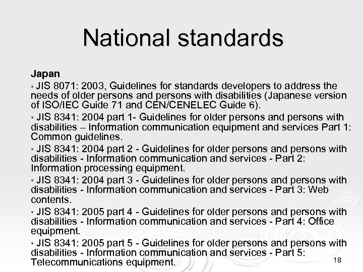 National standards Japan • JIS 8071: 2003, Guidelines for standards developers to address the