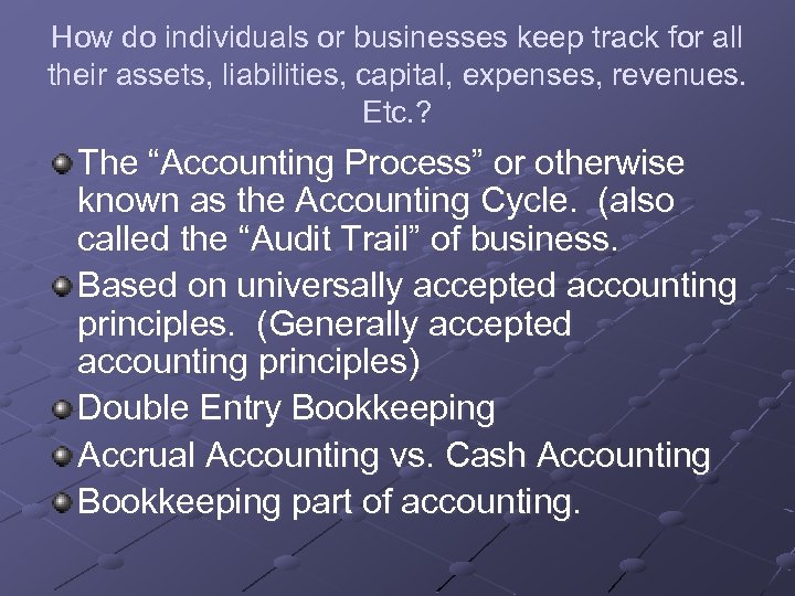 How do individuals or businesses keep track for all their assets, liabilities, capital, expenses,
