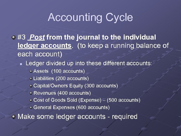 Accounting Cycle #3 Post from the journal to the individual ledger accounts. (to keep