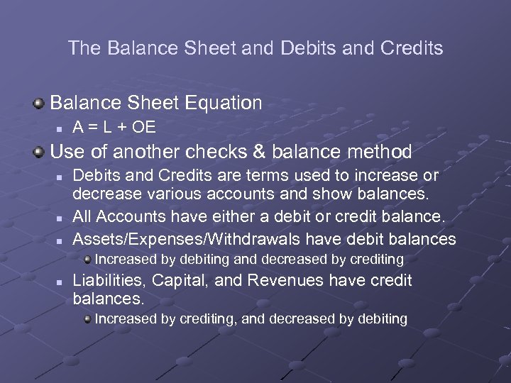 The Balance Sheet and Debits and Credits Balance Sheet Equation n A = L