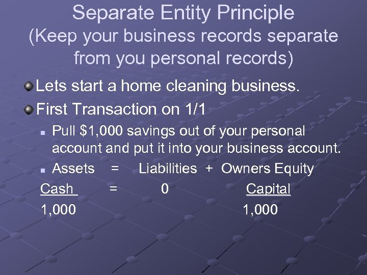Separate Entity Principle (Keep your business records separate from you personal records) Lets start