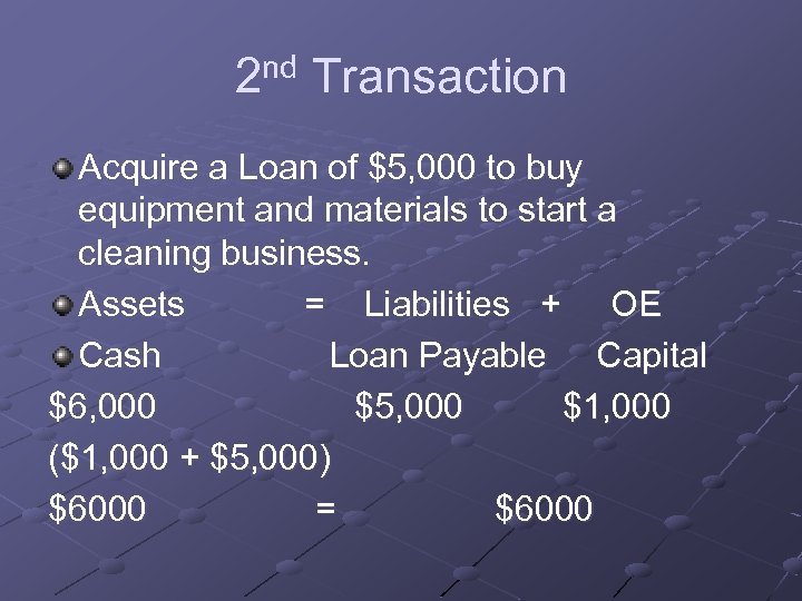 2 nd Transaction Acquire a Loan of $5, 000 to buy equipment and materials