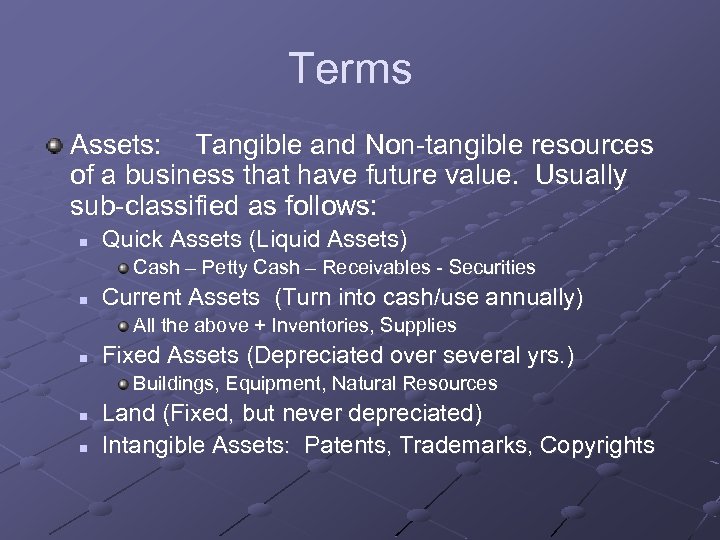 Terms Assets: Tangible and Non-tangible resources of a business that have future value. Usually