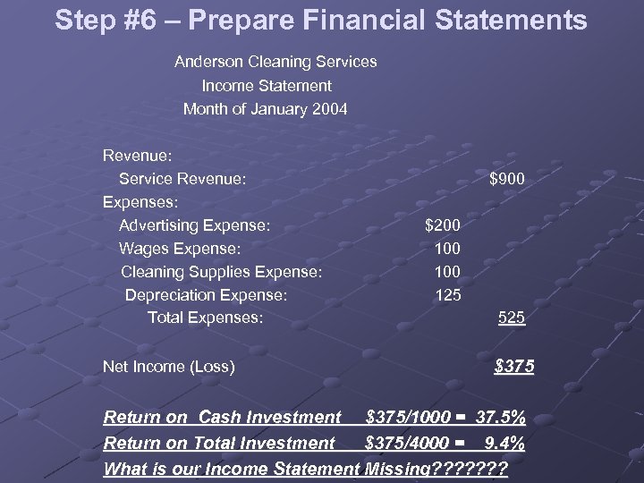Step #6 – Prepare Financial Statements Anderson Cleaning Services Income Statement Month of January