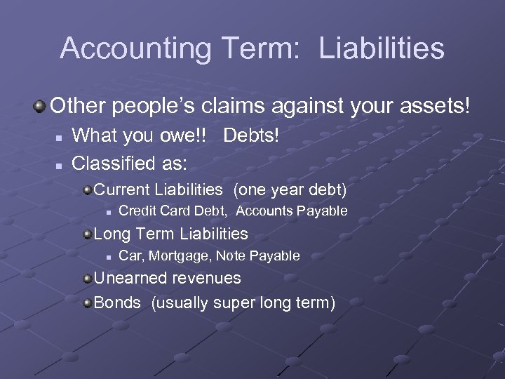 Accounting Term: Liabilities Other people’s claims against your assets! n n What you owe!!