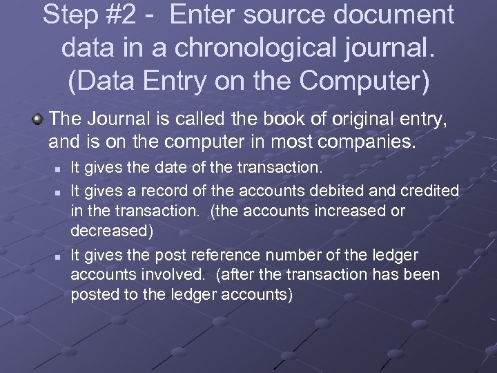 Step #2 - Enter source document data in a chronological journal. (Data Entry on