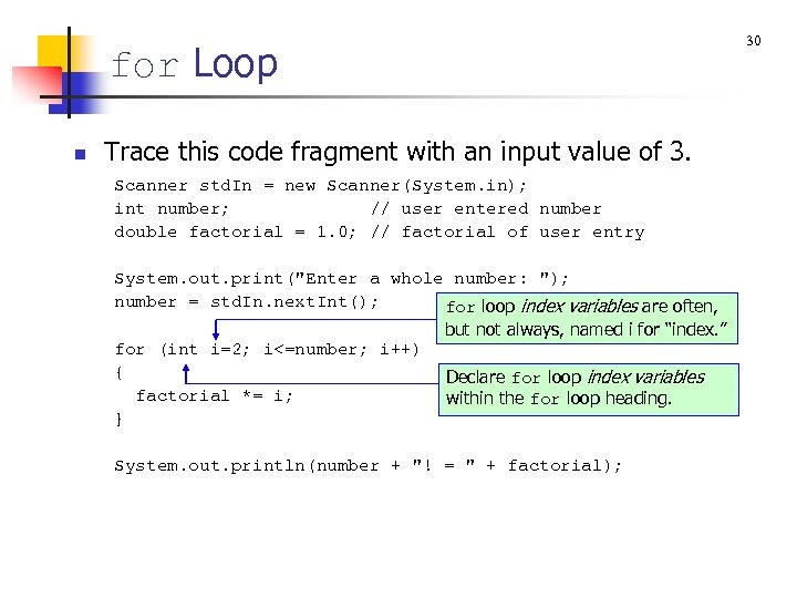 for Loop n Trace this code fragment with an input value of 3. Scanner