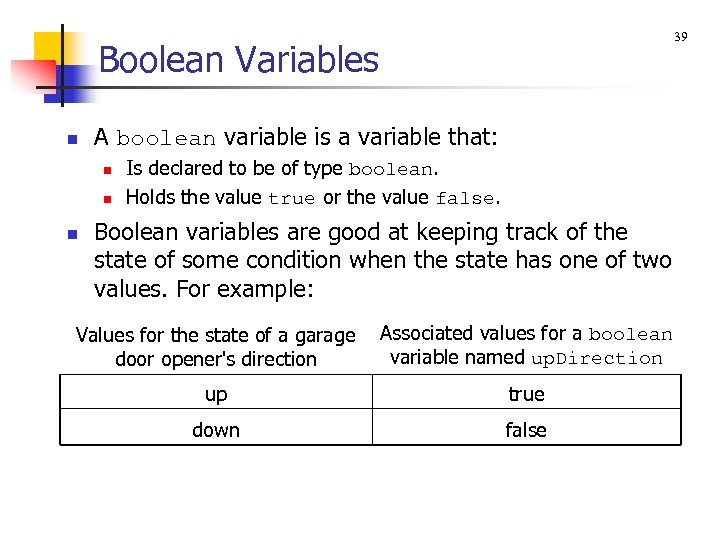 39 Boolean Variables n A boolean variable is a variable that: n n n