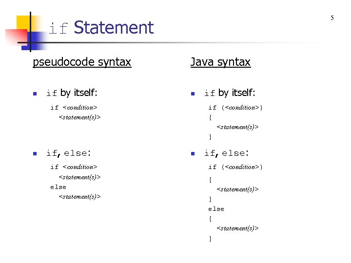 5 if Statement pseudocode syntax n if by itself: Java syntax n if <condition>