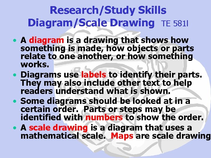 Research/Study Skills Diagram/Scale Drawing TE 581 l • A diagram is a drawing that