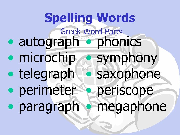 Spelling Words • • • Greek Word Parts autograph microchip telegraph perimeter paragraph •