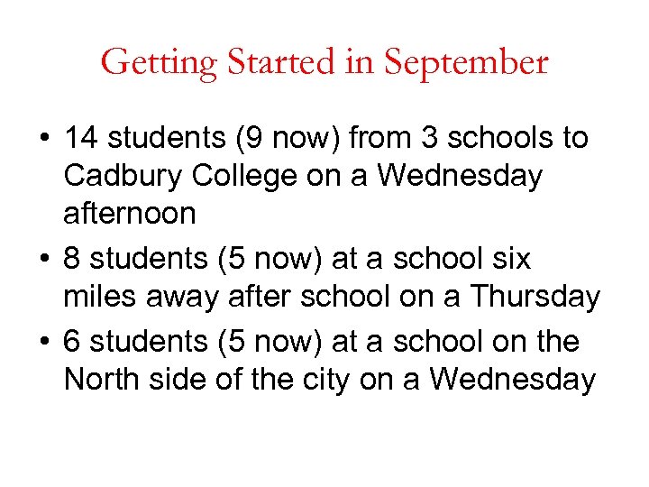 Getting Started in September • 14 students (9 now) from 3 schools to Cadbury