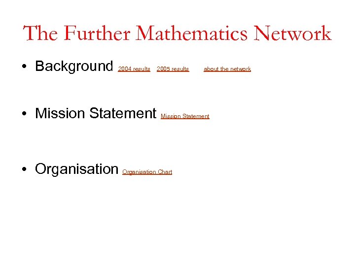 The Further Mathematics Network • Background 2004 results • Mission Statement • Organisation 2005