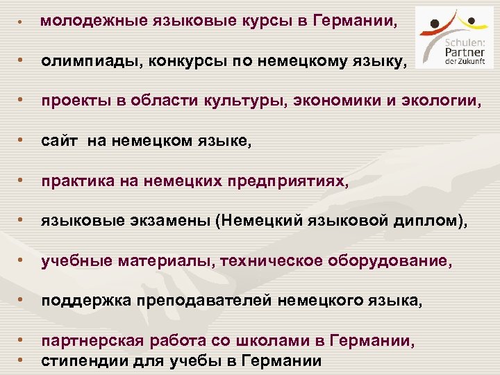  • молодежные языковые курсы в Германии, • олимпиады, конкурсы по немецкому языку, •