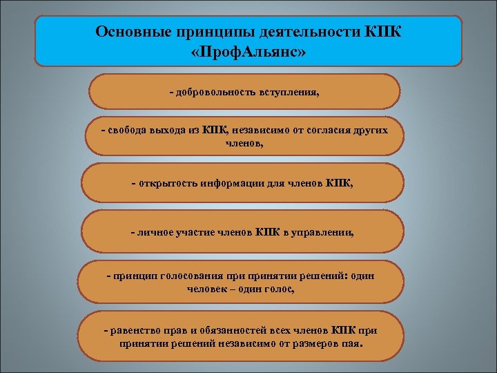 Основные принципы деятельности КПК «Проф. Альянс» - добровольность вступления, - свобода выхода из КПК,