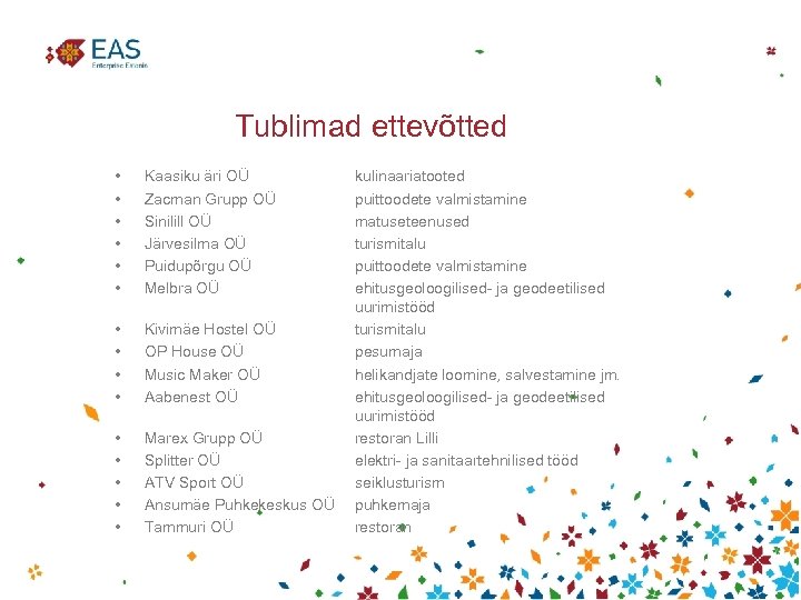 Tublimad ettevõtted • • • Kaasiku äri OÜ Zacman Grupp OÜ Sinilill OÜ Järvesilma