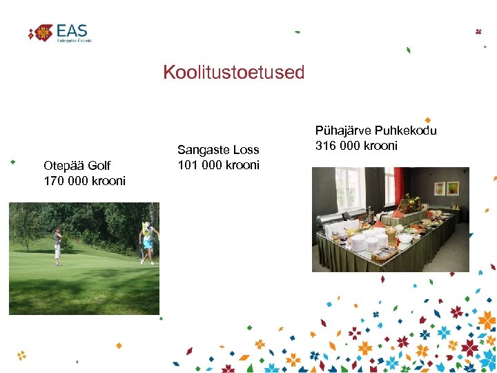 Koolitustoetused Otepää Golf 170 000 krooni Sangaste Loss 101 000 krooni Pühajärve Puhkekodu 316