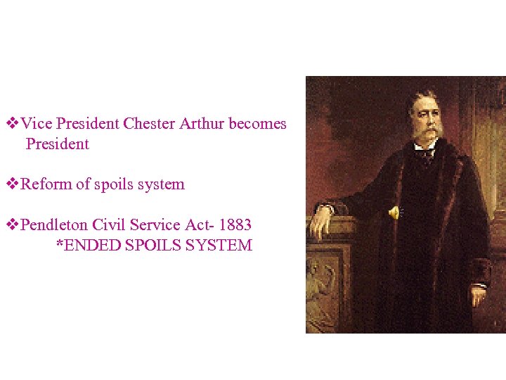 v. Vice President Chester Arthur becomes President v. Reform of spoils system v. Pendleton