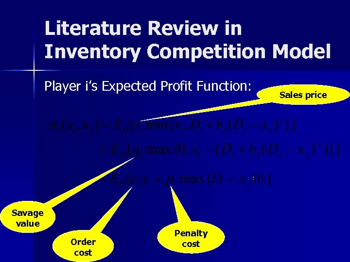 Literature Review in Inventory Competition Model Player i’s Expected Profit Function: Savage value Order