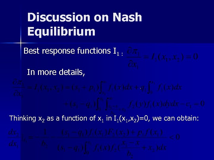 Discussion on Nash Equilibrium Best response functions I 1 : In more details, Thinking