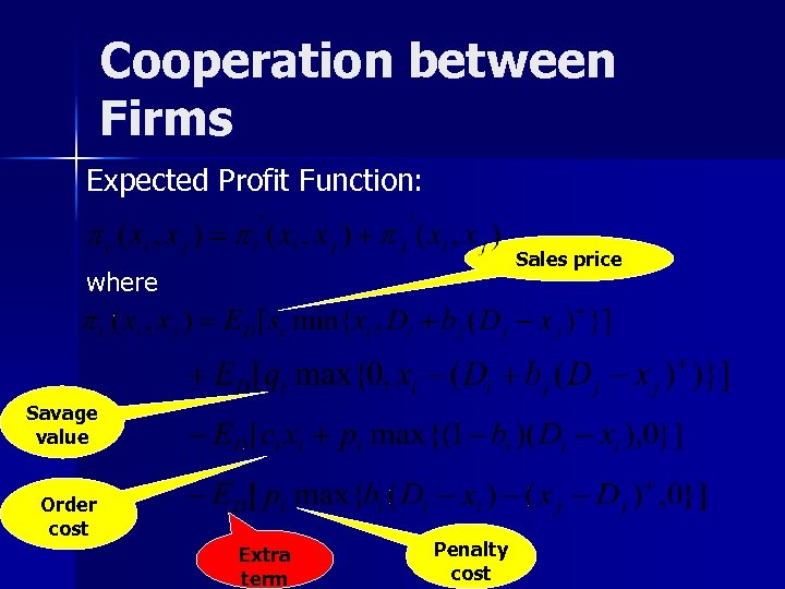 Cooperation between Firms Expected Profit Function: Sales price where Savage value Order cost Extra