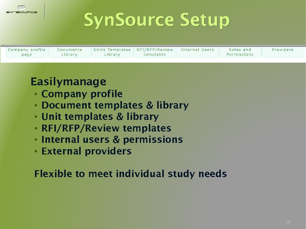 Syn. Source Setup Easilymanage : • • • Company profile Document templates & library