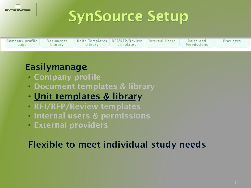 Syn. Source Setup Easilymanage: • Company profile • Document templates & library • Unit