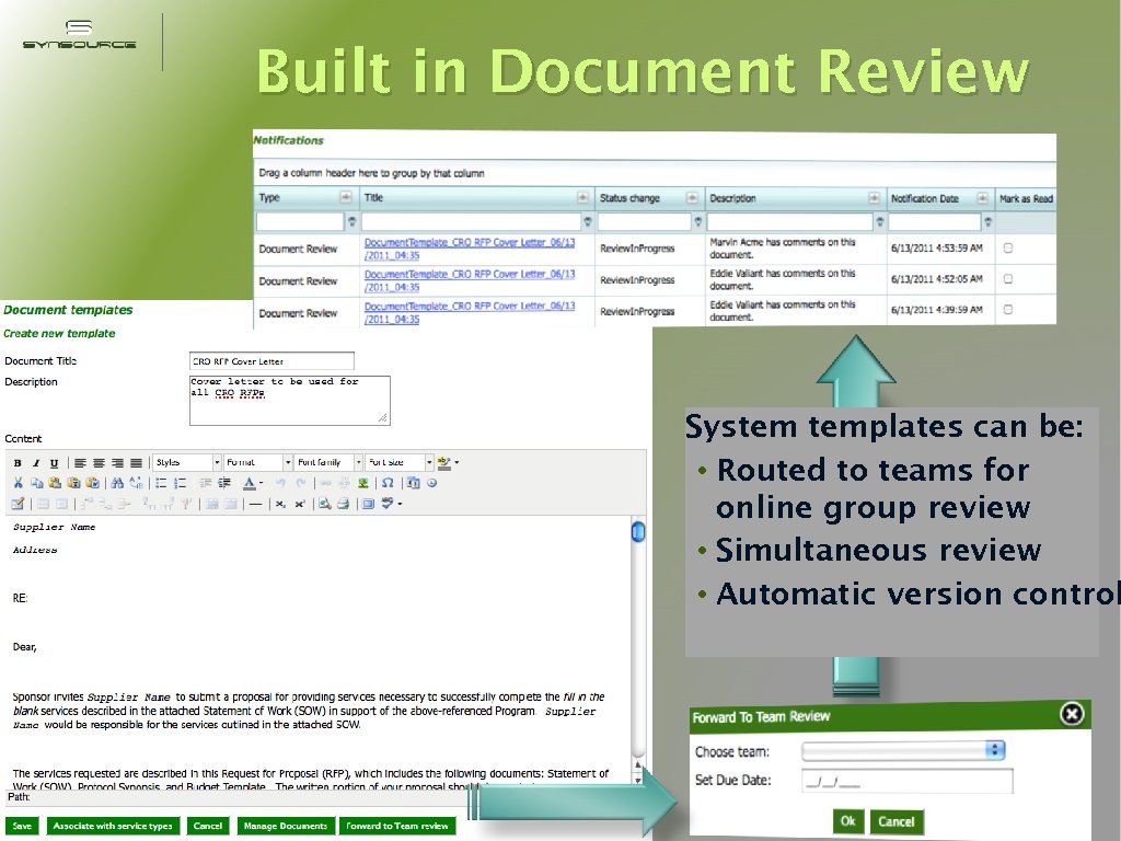 Built in Document Review System templates can be: • Routed to teams for online