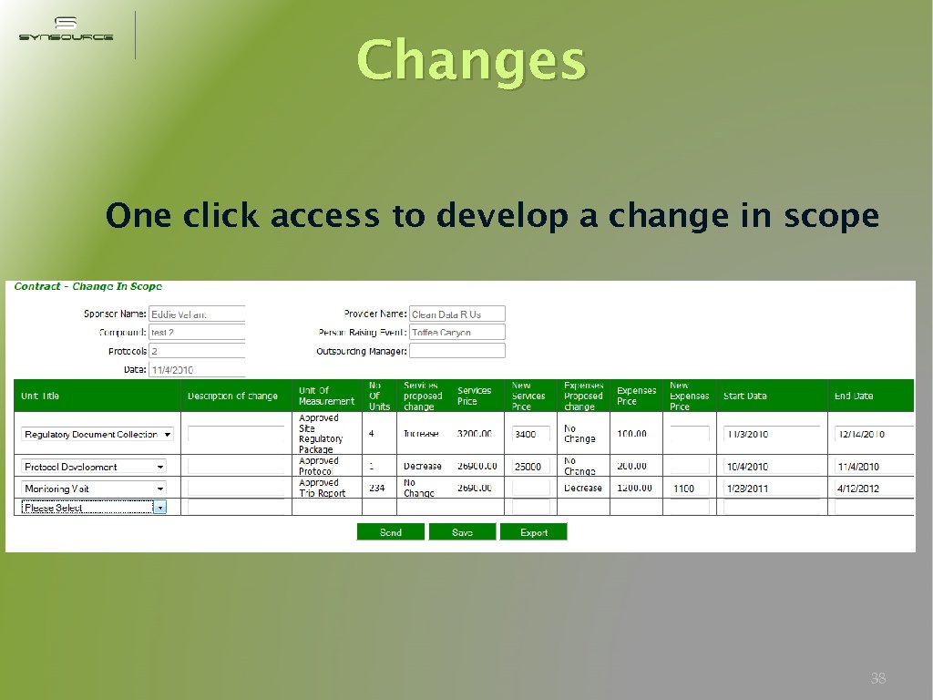 Changes One click access to develop a change in scope 38 