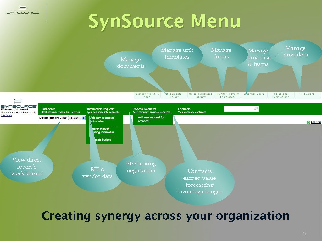 Syn. Source Menu Manage documents View direct report’s work stream RFI & vendor data